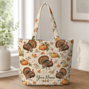 Autumn Turkey And Pumpkin Harvest For Thanksgiving Gatherings And Cozy Fall Lovers Quilted Tote Bag