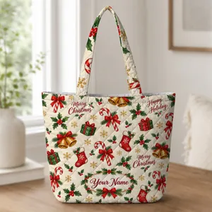 Candy Cane Holly Bell Christmas Motifs for Festive Holiday Gift Giving for Women Quilted Tote Bag