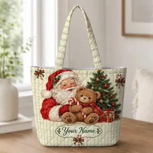 Vintage Santa Teddy Bear Christmas Scene for Festive Holiday Gifting Quilted Tote Bag