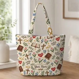 Christian Cross, Bible And Heart Motifs For Church Days And Faithful Everyday Style Quilted Tote Bag
