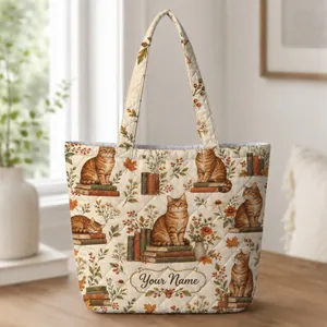 Autumn Bookish Cat and Wildflowers for Cozy Library Days and Reader Gifts Quilted Tote Bag