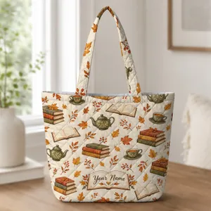 Autumn Books And Tea Motifs For Cozy Reading Season Gifts For Book Lovers Quilted Tote Bag