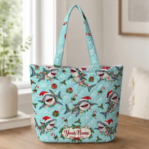 Festive Santa Hat Christmas Sharks and Candy Canes for Beachy Holiday Gift Giving Quilted Tote Bag