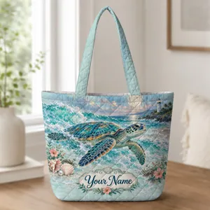 Sea Turtle Moonlit Shore Gift for Ocean Lovers, Beach Days, and Coastal Escapes Quilted Tote Bag