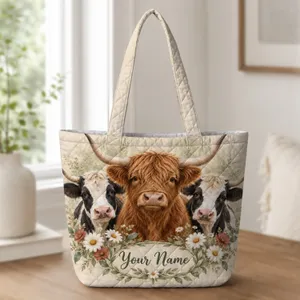 Highland Cow and Daisy Farmhouse Style for Cow Lovers and Country Living Quilted Tote Bag