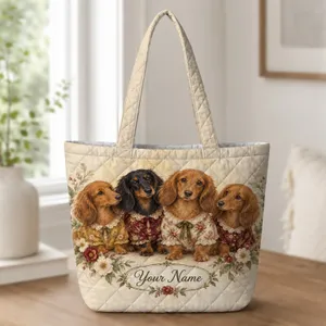 Vintage Dachshund Puppies in Floral Finery, Cozy Gift Inspiration for Women Dog Lovers Quilted Tote Bag