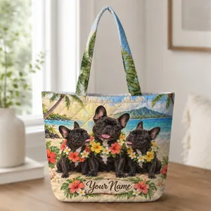French Bulldog Trio in Hawaiian Paradise for Dog Lovers and Island Getaways Quilted Tote Bag