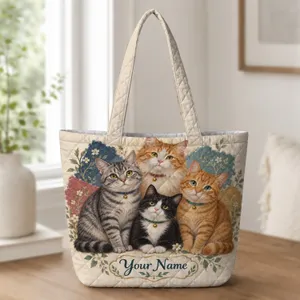 Four Realistic Cats with Floral Patchwork for Cat Lovers and Cozy Everyday Style Gift Quilted Tote Bag
