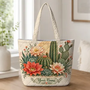 Cactus and Succulent Garden with Coral Blooms for Desert-Loving Women and Gardeners Quilted Tote Bag