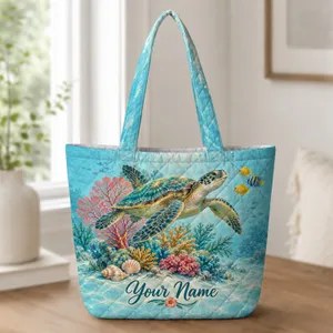 Sea Turtle Coral Reef Ocean Scene for Relaxed Coastal Beach Days and Ocean Lovers Quilted Tote Bag