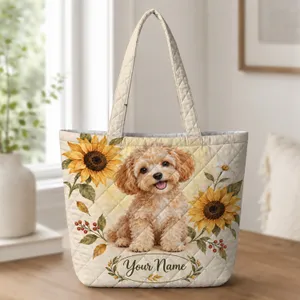 Maltipoo Puppy With Autumn Sunflowers for Cozy Fall Outings and Dog Lovers Quilted Tote Bag