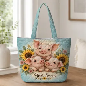 Three Piglets and Sunflowers for Farmhouse Country Living and Pig Lover Gifts for Women Quilted Tote Bag