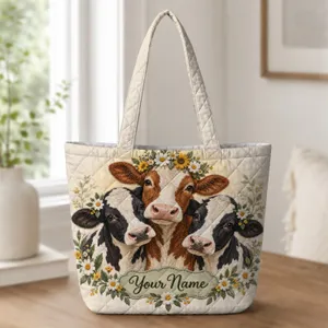 Daisy Crowned Cow Trio for Farmhouse Living, Spring Gatherings and Country Gifts for Her Quilted Tote Bag