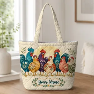 Colorful Farmhouse Rooster and Hen Motif for Rustic Country Living and Chicken Lovers Quilted Tote Bag