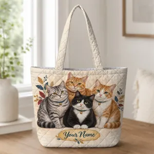 Four Charming Tabby Cats with Floral Accents for Cat Lovers and Cozy Everyday Style Quilted Tote Bag