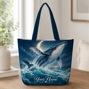 Breaching Whale Under Crescent Moon for Ocean Lovers and Coastal Birthday Gift Giving Quilted Tote Bag