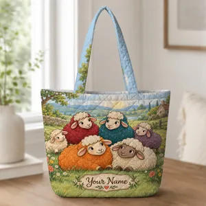 Colorful Sheep in a Meadow for Cottagecore Laundry Days and Farmhouse Living Gifts Quilted Tote Bag