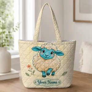 Turquoise Sheep and Wildflower Scene for Cozy Farmhouse Laundry Days Quilted Tote Bag