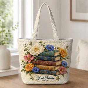 Vintage Books and Wildflowers for Cozy Cottagecore Reading Lovers and Book Nook Decor Quilted Tote Bag