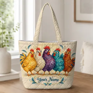 Colorful Funny Hen Flock for Farmhouse Laundry Day and Cheerful Home Gifts Quilted Tote Bag