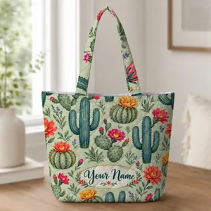 Desert Cactus and Wildflower Garden for Boho Botanical Home Living Quilted Tote Bag