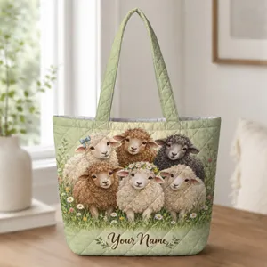 Six Sheep Meadow Scene For Farmhouse Style And Sheep Lover Gifts Quilted Tote Bag