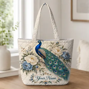 Teal Peacock And Garden Blooms For Elegant Bird Lovers, Birthdays And Spring Gifting Quilted Tote Bag