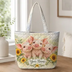 Watercolor Piglets And Sunflowers For Country Living Gifts For Women And Pig Lovers Quilted Tote Bag