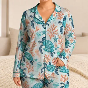 Ocean Turtle and Coral Motifs for Relaxed Coastal Evenings and Beachside Getaways Satin Pajamas Set