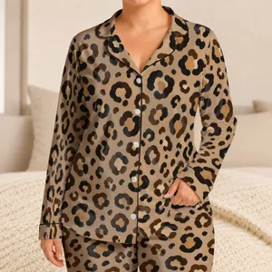Leopard Rosette Animal Skin Motif Cozy Lounge Gift For Women, Fashionable Leopard Lovers Satin Pajamas Set