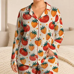 Tomato And Strawberry Fruit For Cozy Kitchen Garden Lounging At Home Satin Pajamas Set