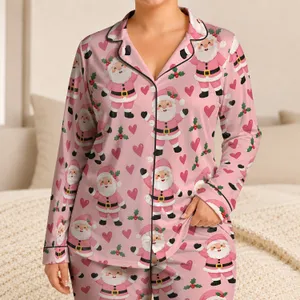 Cute Santa Claus and Pink Hearts for Cozy Christmas Holiday Lounging at Home for Women Satin Pajamas Set