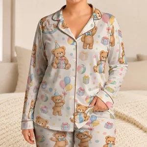 Party Teddy Bears and Pastel Gifts for Cozy Holiday Lounge Style Satin Pajamas Set