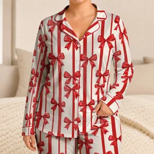 Red Ribbon Bows and Ivory Stripes for Cozy Holiday Lounging Satin Pajamas Set