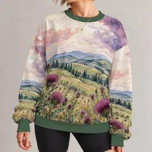 Watercolor Meadow Thistles And Rolling Hills For Peaceful Autumn Days All-over Print Knitted Sweater