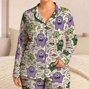 Cute Cartoon Monsters And Mummy Wraps For Playful Halloween Lounging Satin Pajamas Set