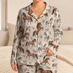Chestnut Horse and Rose Equestrian Motif for Cozy Country Evenings at Home Satin Pajamas Set