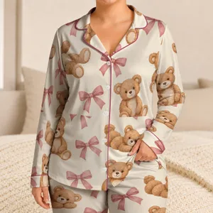 Teddy Bears And Pink Bows For Cozy Evenings And Sweet At-Home Relaxation Satin Pajamas Set