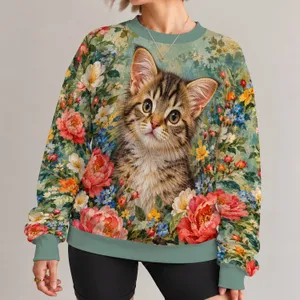 Painterly Kitten Among Wildflowers for Whimsical Everyday Style and Cat Lovers Women All-over Print Knitted Sweater