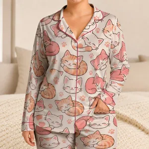Sleepy Pink Kitten Faces for Cozy Spring and Autumn Lounging at Home Satin Pajamas Set