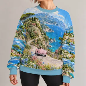 Coastal Road Trip Scenery with Wildflower Meadows for Scenic Getaways and Travel Lovers All-over Print Knitted Sweater