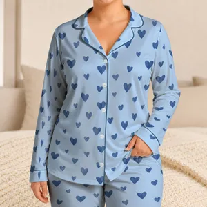Blue Heart Motif Sleepwear Style For Cozy Evenings And Relaxed At-Home Lounging Satin Pajamas Set