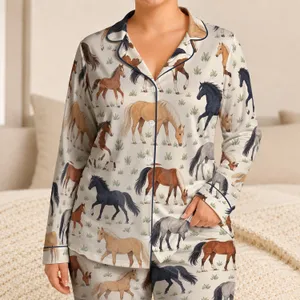 Rust And Navy Pony Motifs For Cozy Country Lounging And Weekend Relaxation At Home Satin Pajamas Set