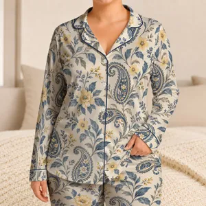 Navy and Butter Yellow Paisley Florals for Relaxed Coastal Getaways and Vacation Style Satin Pajamas Set
