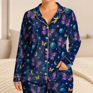 Violet Butterflies Beneath A Starry Midnight Sky For Cozy Evening Lounging At Home Satin Pajamas Set