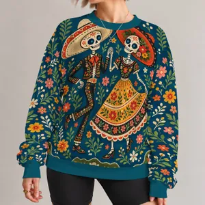 Skeleton Couple Folk Art for Halloween Celebrations and Autumn Gatherings at Home All-over Print Knitted Sweater