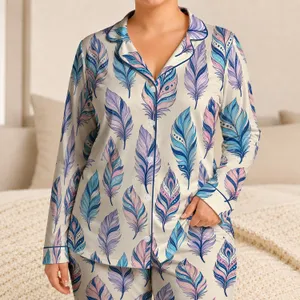 Blue Pink Feather Motifs for Relaxed Lounging and Cozy Evenings at Home for Men Satin Pajamas Set