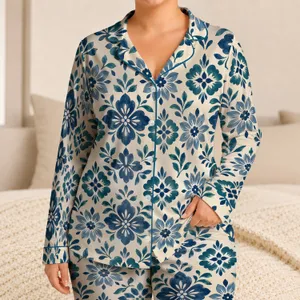 Indigo Folk Floral Medallions for Relaxed Coastal Summer Style Satin Pajamas Set