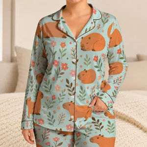 Cozy Capybara Floral Bedtime Outfit For Quiet Nights, Giftable Spring Style For Kids Satin Pajamas Set