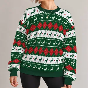 Red Green Reindeer Argyle Holiday Motif for Christmas Parties and Cozy Winter Gatherings All-over Print Knitted Sweater